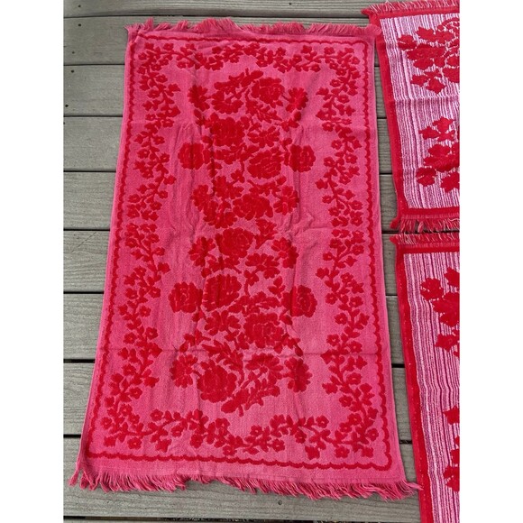 Vintage CANNON Monticello Red Floral Sculpted Fringe Bath & Hand Towel Set MCM - Picture 16 of 16